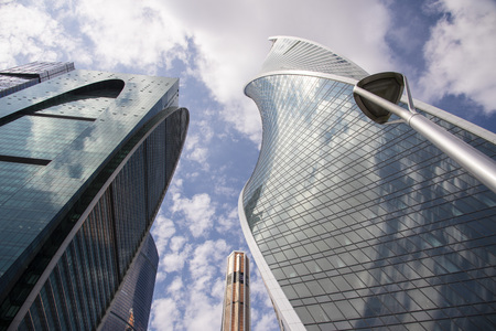 May 2019, Russia, Moscow.Bottom view of the business center Moscow cityの写真素材