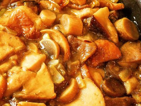 Background of fried mushrooms. Chopped mushrooms are fried in oil. Autumn harvest.の写真素材