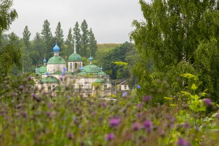 In the foreground, a blur of wild wildflowers, through which you can see a Christian Church and trees.の写真素材