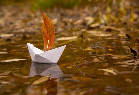 A paper boat floats in a puddle, an oak red leaf instead of a sail, around the fallen autumn leaves lie.の写真素材