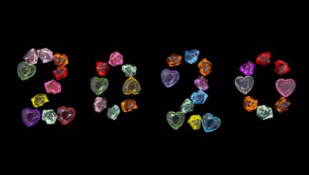 Bright glass ornaments and hearts are lined with 2020 figures on a black background. Christmas background.の写真素材