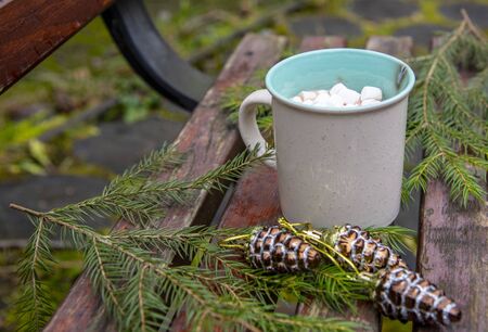 A mug of cocoa and marshmallows, fir branches and Christmas cones on a bench.の写真素材
