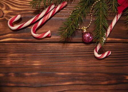 Christmas decor on a dark wooden backgroundの写真素材