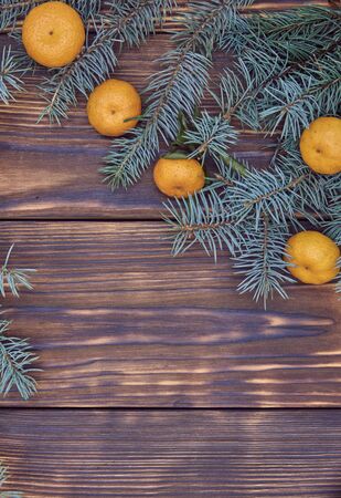 Tangerines and fir branches on a rough wooden background.の写真素材