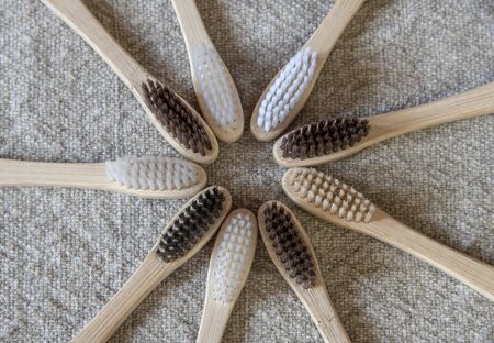 Set of colorful bamboo toothbrushes. Environmentally friendly material.