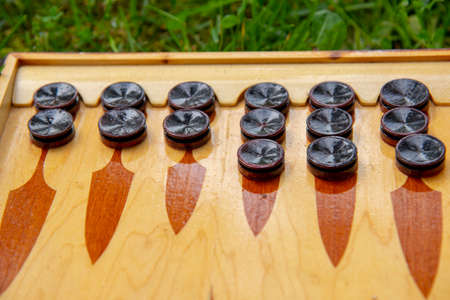 A fragment of a Board with black checkers for playing backgammon.の写真素材