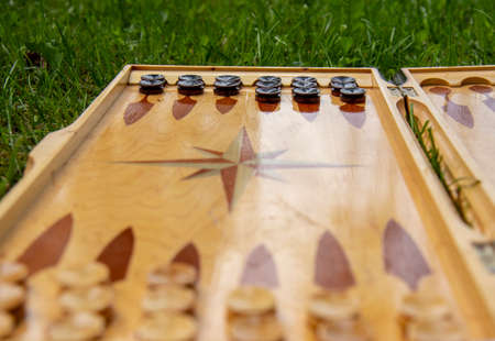 A fragment of a Board with black checkers for playing backgammon. The Board is lying on the green grass.の写真素材