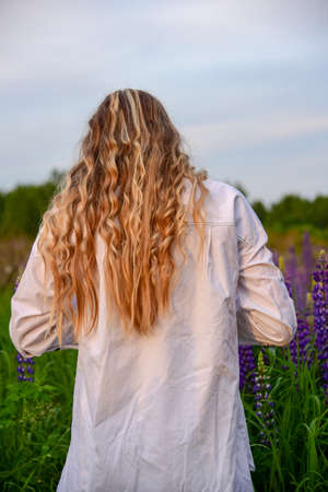 A girl with long blond hair in a white shirt stands with her back to the camera against a lupine field.の写真素材