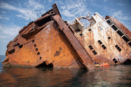 Crimea, Cape Tarkhankut, August 2020. Remains of the sunken ship Ibrahim Yakim off the coast of Cape Tarhankut.の写真素材