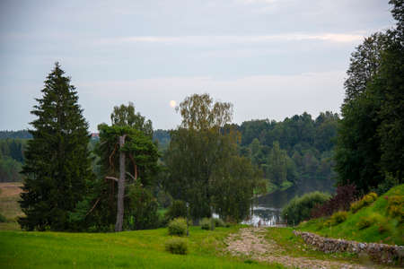 Summer evening landscape. The river flows among green banks. Moon over the trees.の写真素材