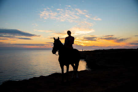 Silhouette of a girl on a horse against the background of the gentle sunset sky.の写真素材