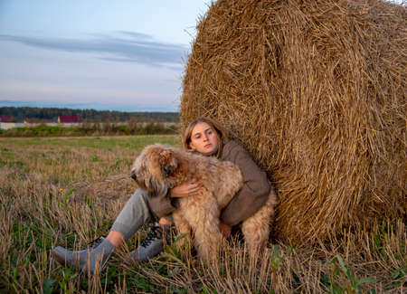 A teenage girl hugs a dog in a field while sitting by a roll of hay.の写真素材