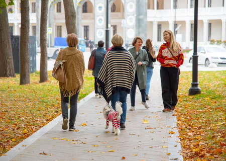 Russia, Moscow, October 2020. People walk along the alley leading to the restored building of the Northern river station in Moscow.のeditorial素材