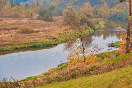 Bright autumn landscape. The river is surrounded by trees with yellowed foliage.の写真素材