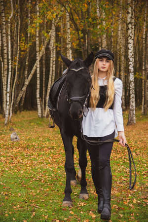 A slender girl with long blonde hair holds a horse by the bridle against the background of an autumn forest.の写真素材