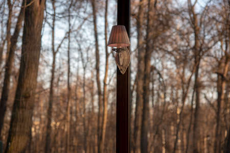 Lamp on the frame of the panoramic window, behind which the autumn Park with bare trees.