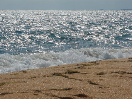 An empty sandy beach and a foaming sea under a cloudy sky. The sea is silver under the sun.の写真素材