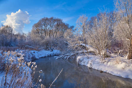 Winter frosty landscape. A small river flows between snow-covered trees on a clear winter day.の写真素材