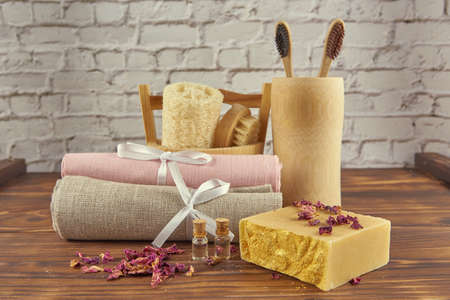 Organic fragrant handmade soap and personal care items made of natural materials. The concept of a healthy lifestyle.の写真素材