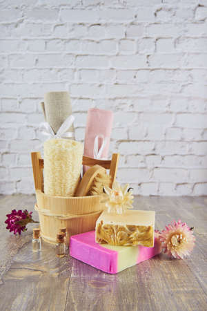 Organic fragrant handmade soap and personal care items made of natural materials. The concept of a healthy lifestyle.の写真素材