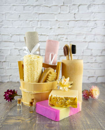 Organic fragrant handmade soap and personal care items made of natural materials. The concept of a healthy lifestyle.の写真素材