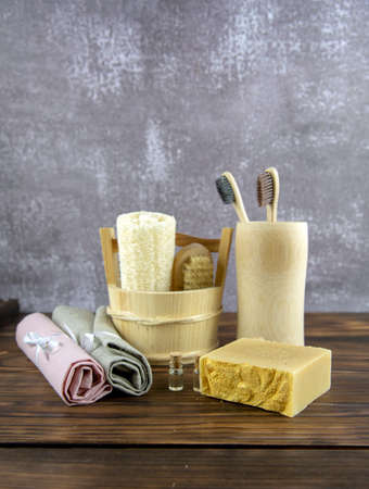 Organic fragrant handmade soap and personal care items made of natural materials. The concept of a healthy lifestyle.の写真素材