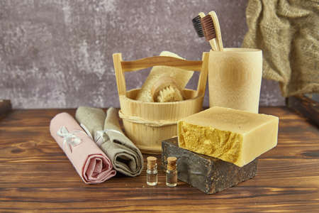 Organic fragrant handmade soap and personal care items made of natural materials. The concept of a healthy lifestyle.の写真素材