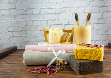 Organic fragrant handmade soap and personal care items made of natural materials. The concept of a healthy lifestyle.の写真素材