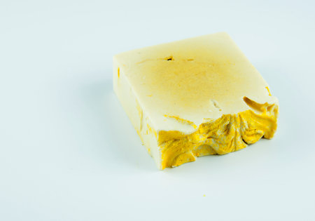 Fragrant organic handmade soap on a light background. Copy space for text, design.の写真素材