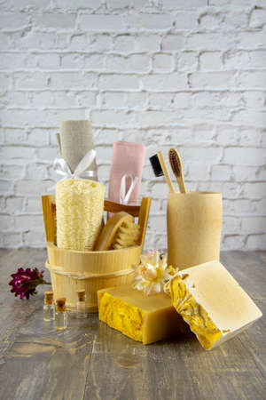 Organic fragrant handmade soap and personal care items made of natural materials. The concept of a healthy lifestyle.の写真素材