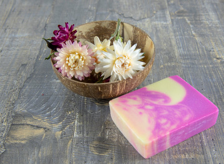 Organic handmade soap decorated with dried flowers. Natural products, healthy lifestyle.の写真素材