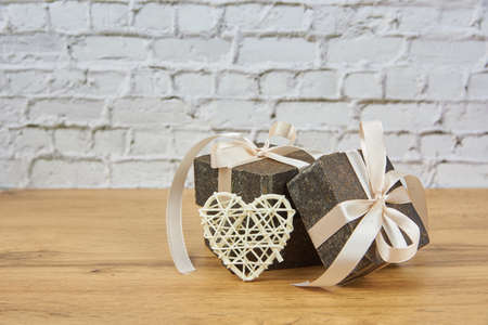 Handmade soap-scrub decorated with ribbons. Personal hygiene items, healthy lifestyle. Copy space...
