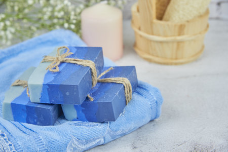 Bright organic aromatic handmade soap on a terry towel. Personal hygiene products, healthy lifestyle.の写真素材