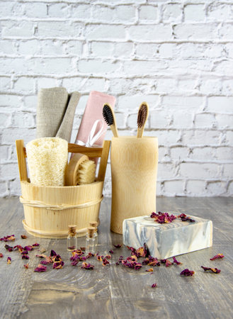 Fragrant organic colorful handmade soap and personal hygiene items made of organic materials on the wooden countertop.The concept of a healthy lifestyle.の写真素材