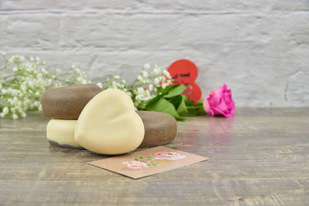 Colorful handmade soap concept. Natural handmade soap on a wooden background.Handmade natural eco soap, selective focus. Copy of the space, top view, background mode. Healthy skin. Wash their hands.の写真素材