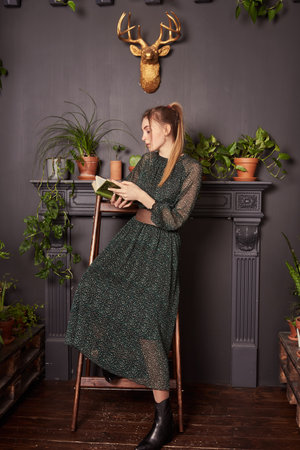 A blonde girl in a chiffon green dress with a book in hand on a wooden stepladder.の写真素材