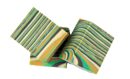 Fragrant organic multi-colored soap on a white background. Natural products, healthy lifestyle.の写真素材