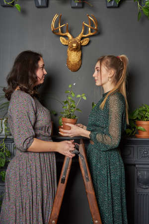 Two girls in long dresses stand on a wooden ladder with a potted flower in their hands and look at each other.の写真素材