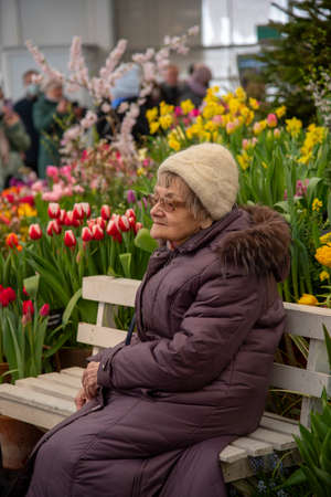 Russia, Moscow, February 2021.A sad old woman in a white hat sits on a bench in a flower greenhouse, surrounded by bright spring flowers.のeditorial素材