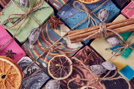 Full frame natural handmade soap as a backdrop. Organic products, healthy lifestyle.の写真素材