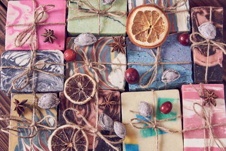 Full frame natural handmade soap as a backdrop. Organic products, healthy lifestyle.の写真素材