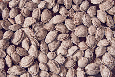 Full frame nuts in the shell as a backdrop. Fried salted apricot seeds. Almond close-up.の写真素材