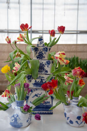 Russia, Moscow, February 2021. A composition of bright spring flowers in vases in the botanical garden.のeditorial素材