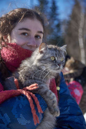 Focus on the cat.A fluffy gray cat with huge eyes in the girl's arms.の写真素材