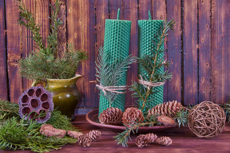 Decorative candles made of beeswax with a honey aroma for interior and tradition.の写真素材