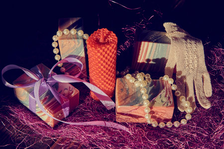 Handmade soap and candle in the interior. Healthy lifestyle, natural products.の写真素材