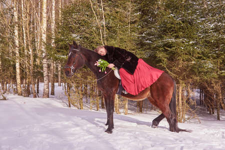 A girl in a beautiful old-fashioned burgundy dress on a horse in a winter forest.の写真素材