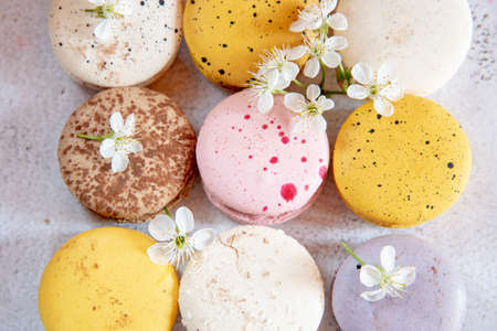 Full frame of delicate multicolored macaroons. Food backgrounds, copy space for text.の写真素材