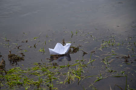 A white paper boat floats on a calm river among the grass.の写真素材