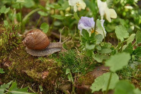 Large garden snail on a stone, on a blurred background.の写真素材
